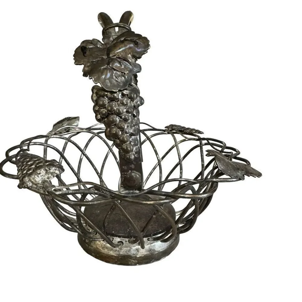 Godinger Silver Plate Open Weave Fruit Bread Bowl Movable Handle Vintage Grapes